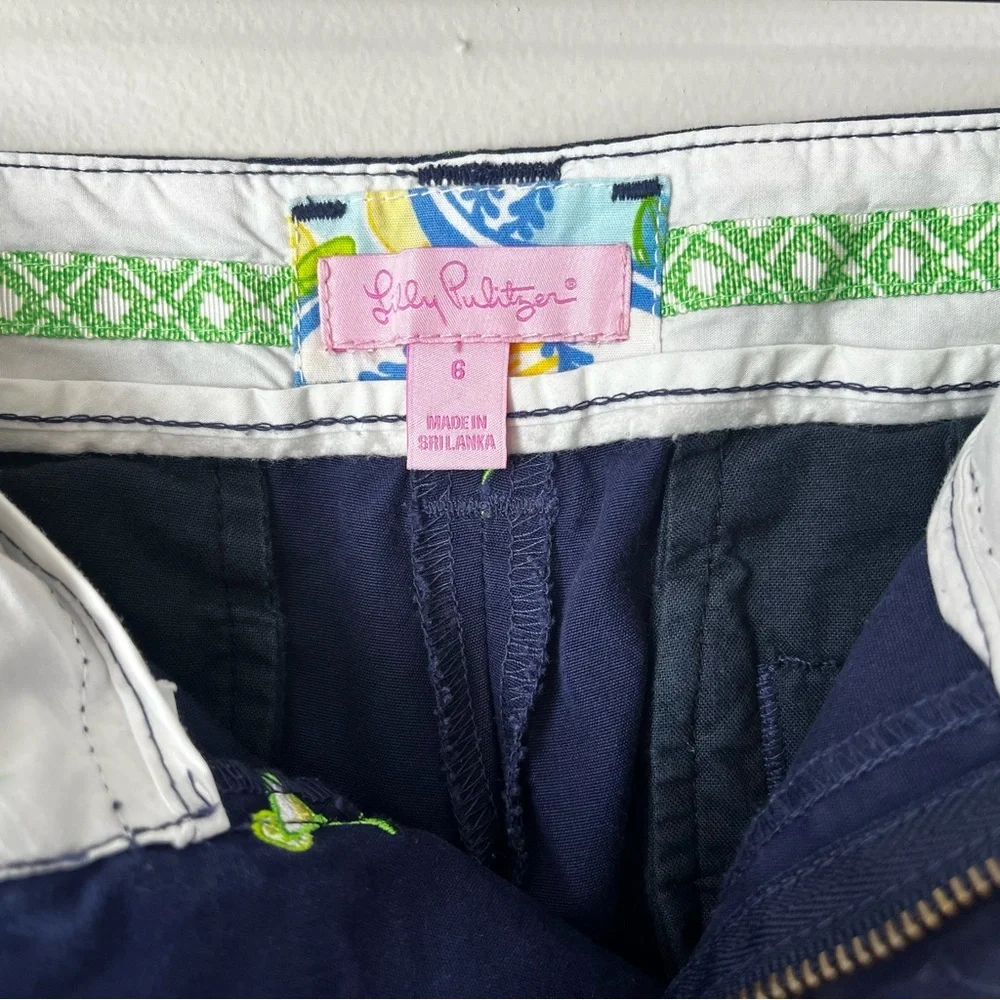 Lilly Pulitzer Womens 6 Blue Capris Embroidered Lime Margaritas Cotton Vacation